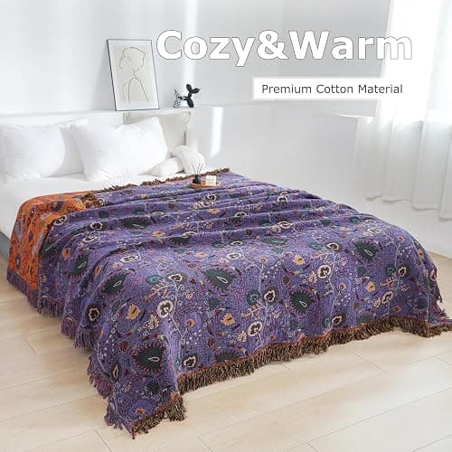 Boho Throw Blanket for Bed 100% Cotton Ultra Soft Rustic Quilt Farmhouse Decor Bed Fall Blanket,All Season Rustic Throw for Sofa Couch Chair (Flower-Purple, 60"×80") thumbnail 3