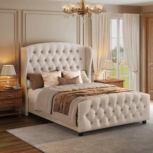 VASAGLE Queen Bed Frame with Tall Headboard, Upholstered Platform Bed Frame Queen Size, with Wingback Tufted Headboard and Footboard, Wooden Slats, No Box Spring Needed, Cappuccino Beige URMB881W01 - Image 1