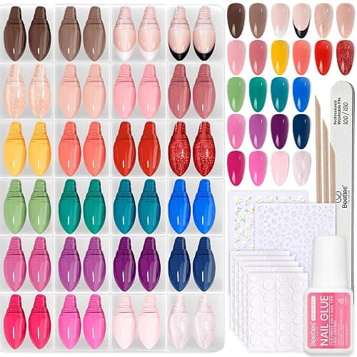 Beetles Press On Nails Kit - Rainbow Gleam | 720Pcs 24 Colors Short Almond Press On Nails | 15 Sizes Matte Glossy Glitter With Nail Glue & Nail Tabs Stickers, Fake Nails Kit Art For Women - Image 1