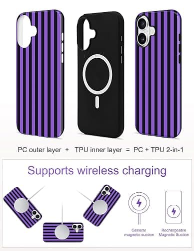 Aitipy Magnetic Striped Phone Case for iPhone 16 Plus, Black Purple | Compatible with MagSafe, Cute Stripes Aesthetic Design, TPU and PC Protective Shockproof Cover for Women Girls thumbnail 2