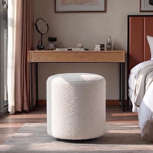 gusohey Modern Round Vanity Stool, Small Ottoman, Cute Fabric Foot Stool, Teddy Fleece Footrest, Upholstered Vanity Chair, Stool for Makeup, Bedroom, Living Room (1, Round-White) thumbnail 4