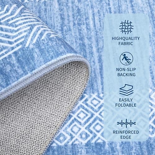 GarveeHome 8x10 Large Washable Area Rug Modern Bordered Distressed Geometric Floor Carpet, Soft Non Slip Low Pile Non Shedding Indoor Light Blue Carpet for Bedroom, Living Room thumbnail 5