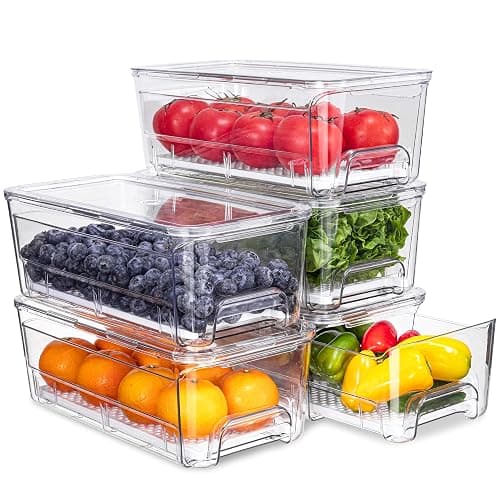 Brippo Pull-out Veggie Fridge Organizer Drawer 5-Pack | Stackable Fruit and Vegetables Refrigerator Organizer and Storage Containers, with Strainer Layer - Image 1
