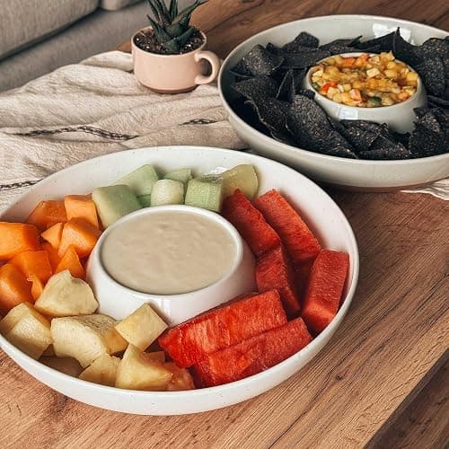 Mora Ceramic Chips and Dip Serving Tray: Large Divided Party Bowl Set for Chips & Salsa, Veggies & Dip, Fruit, Snacks, Entertaining, Hosting, etc. Minimalist Design for the Modern Hostess - White thumbnail 6