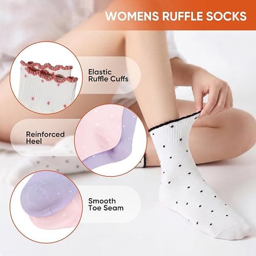 ihuan 6 Pairs Womens Ruffle Cute Ankle Socks Polka Dot, Soft & Breathable thumbnail 2