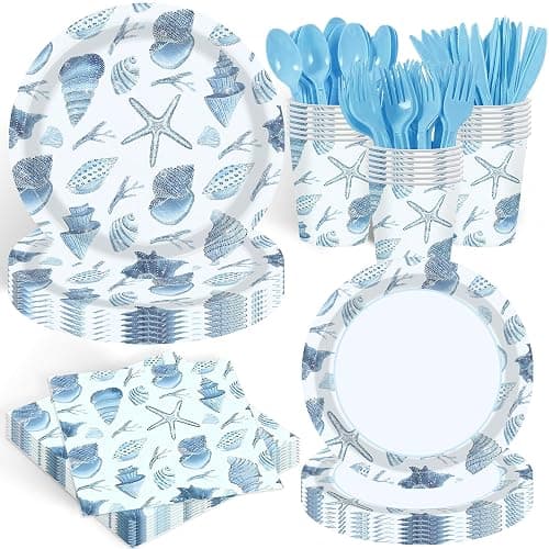 140 Pcs Ocean Seashell Beach Party Decorations Beach Theme Party Supplies Seashell Disposable Plates Paper Plates Napkins Forks for Kids Summer Birthday Baby Shower Serves 20 - Image 1