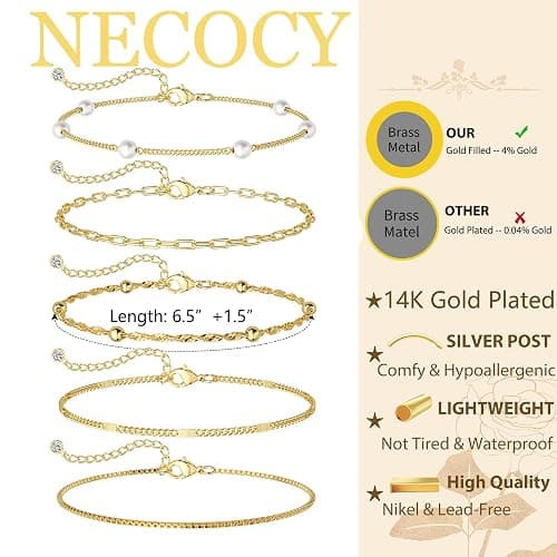 NECOCY 14K Gold Plated Bracelets for Women, Stackable Bracelet Stack Set Adjustable Charm Paperclip Chain Cuban Link Layered Waterproof Jewelry Sets Christmas Gifts for Love thumbnail 4