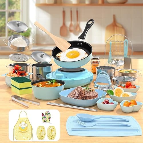Gotoofun Kids Cooking Sets Real, Kid Safe Montessori Mini Tools Includes Stove Burner, Knife ect for Aged 8-12 Boys Girls Food Making, Easy for Beginners, Education Toys-Blue - Image 1