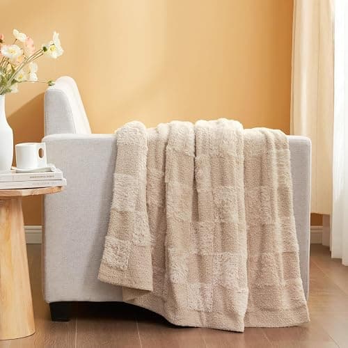 Snuggle Sac Checkered Throw Blanket Faux Fur Microfiber Blankets for Couch,Cozy Soft Warm Blanket for Sofa Bedroom Living Room,Solid Beige,50x60 inches thumbnail 4