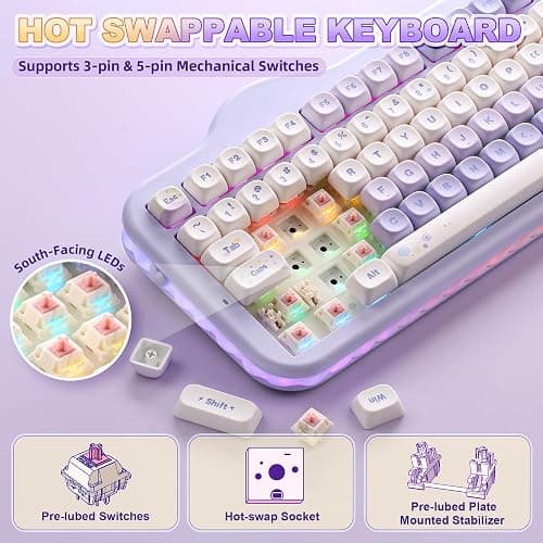 YUNZII C98 Wireless Mechanical Keyboard with Number Pad,99 Key BT5.0/2.4G/USB-C Hot Swap Gasket Mount with PBT MOA Keycaps,Custom RGB,Cute Cake Keyboard for Win/Mac (Purple, Candy Linear Switch) thumbnail 5