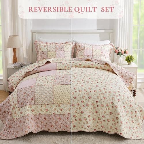 Cozyholy Queen Size Quilt Set 3-Piece, 100% Cotton Patchwork Quilt, Pink Floral Reversible Shabby Chic Bedding Bedspread for All Season, Soft Quilted Blanket with 2 Pillow Shams Machine Washable thumbnail 2
