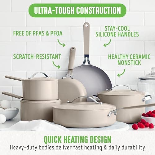 GreenLife 10-Piece Nonstick Ceramic Cookware Set, Lightweight Healthy PFAS-Free Pots & Pans with Lids, Dishwasher & Oven Safe, Durable Body, Silicone Stay-Cool Handles, Easy Release, Taupe thumbnail 4