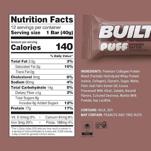 BUILT Bar Puff Protein Bars - Brownie Batter - 17g Protein Snack Bars with Collagen - Calorie Conscious & Gluten Free - 12 Count thumbnail 2