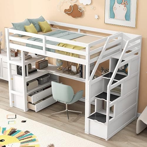 Harper & Bright Designs Twin Size Loft Bed with Desk Staircase and Storage Drawers, Solid Wood Loft Bed Frame with Shelves for Kids Adults Teens, White thumbnail 3