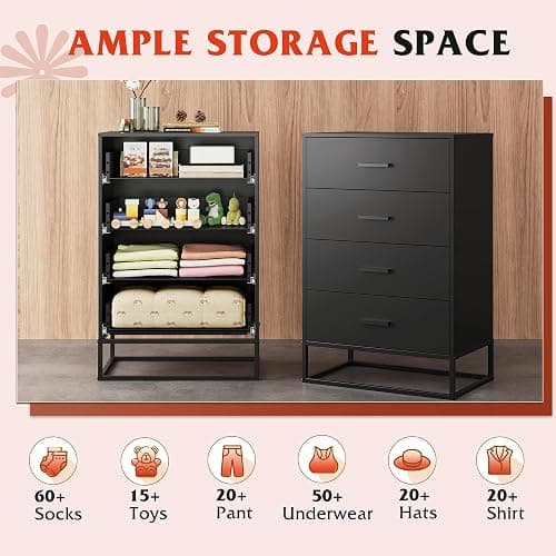 WLIVE Black Dresser for Bedroom with 4 Drawers, Tall Wood Dresser with Sturdy Metal Frame, Wooden Chest of Drawers for Hallway, Living Room, Closet thumbnail 4