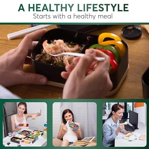 Umami Bento Box Adult All-In-1 w/4 Utensils, 2 Sauce Jars 2 Dividers, Bamboo Lid, 100% Leakproof, Microwave & Dishwasher Safe Stackable Bento Lunch Box Containers for Men/Women, Black Beige, 68 oz thumbnail 7
