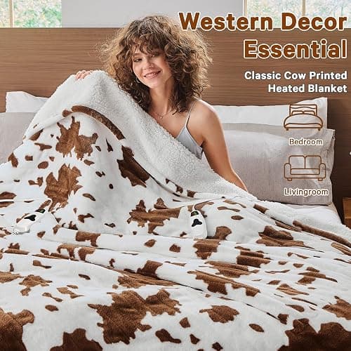 RUJIPO Cow Print Heated Electric Blanket Twin Size,62X84 Brown Heating Blanket with 10 Heats Levels & 8 Hours Auto Off,Highland Cow Fleece Sherpa Blankets Warmer Gifts for Women Adults Couch,Washable thumbnail 5