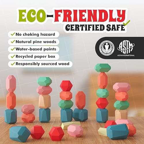 EVERSMART 36 Pcs Wooden Stacking Blocks – Montessori Toys for 1 2 3 4 5 6 Year Old Toddlers and Kids, XL Rocks, No Choking Hazard – Sensory STEM Building Stones, for Girls and Boys thumbnail 4