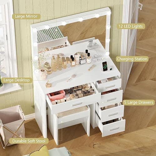 FIONESO Makeup Vanity with Large Mirror, Vanity Desk with Power Outlets & 12 Lights, Makeup Vanity Desk with 5 Drawers & Stool, Dressing Table for Bedroom, Woman, White thumbnail 4