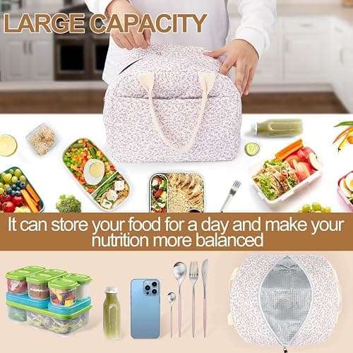 Cotton Quilted Insulated Lunch Bag, Cute Quilted Floral Lunch Tote Bags Reusable Insulated Lunch Box Coquette Aesthetic Large Capacity Insulated Cooler for Women Work Travel Picnic (Pink) - Pink thumbnail 5