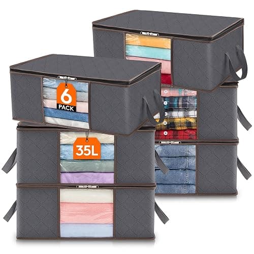 Lifewit 6 Pack Clothes Storage Bag, Foldable Storage Bin Closet Organizer with Reinforced Handle, Sturdy Fabric Blanket Storage with Clear Window, Storage Containers for Clothing, Bedding, Gray - Image 1