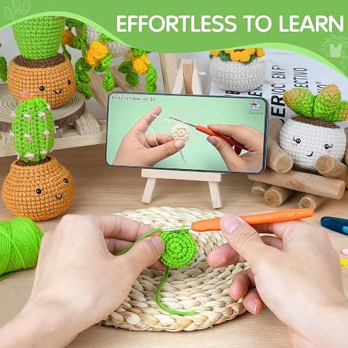 Crochetta Crochet Kit for Beginners, Crochet Starter Kits for Adults, Amigurumi Craft Knitting Crocheting Kits with Step-by-Step Video Tutorials, 6 Pc Hanging Potted Plants Family(40%+ Yarn thumbnail 3