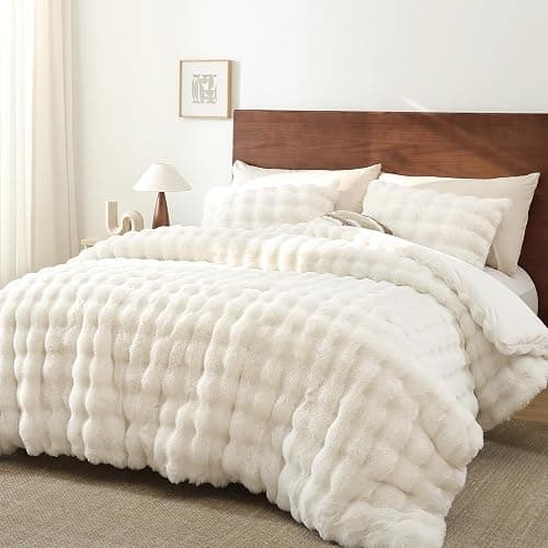 YIKUSH White Comforter Set Full – Ultra Soft & Warm Faux Fur Comforter for Winter, Elegant Fluffy Cream Comforter with Pillowcases, Cozy White Full Bedding Set thumbnail 4