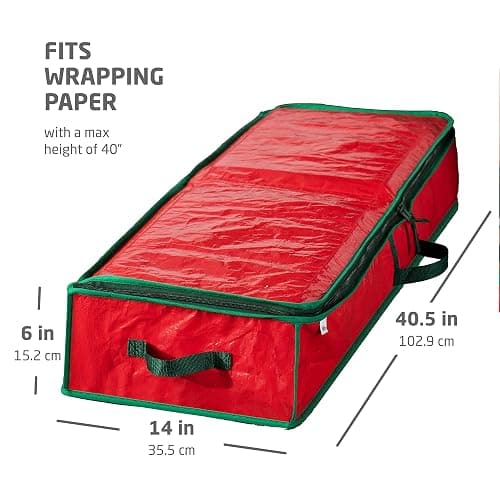 ZOBER Gift Wrapping Paper Organizer Storage - 40" Gift Wrap Storage Containers With Interior Pockets For Bows, Tags & Ribbons - Wrapping Paper Holder, Waterproof, Fits 24 Standard Rolls, Red thumbnail 3