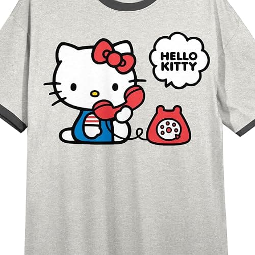 Bioworld Hello Kitty Character On Phone Women's Gray Crew Neck Short Sleeve Ringer Night Shirt thumbnail 2