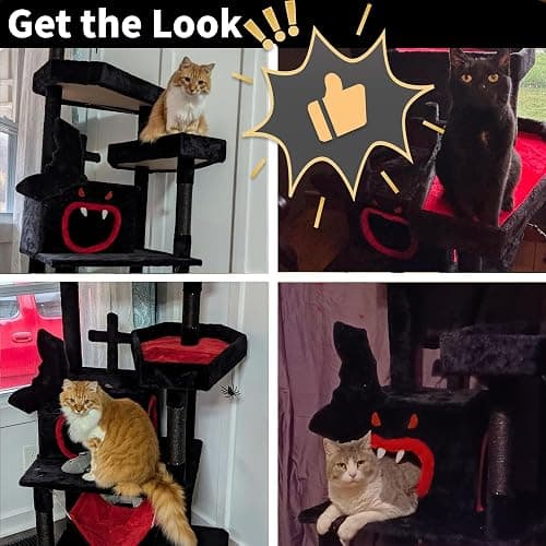 YITAHOME Gothic Cat Tree with Coffin Bed, 63" Tall Cat Tower for Indoor Cats with Top Perch, Spacious Cat Condos, Spider Hanging Balls,Comfy Hammock, Scratching Post and Ladder, Black Halloween | Cat Tower with Top Perch, Spacious Cat Condos, Spider Hanging Balls, Comfy Hammock, Scratching Post and Ladder thumbnail 7