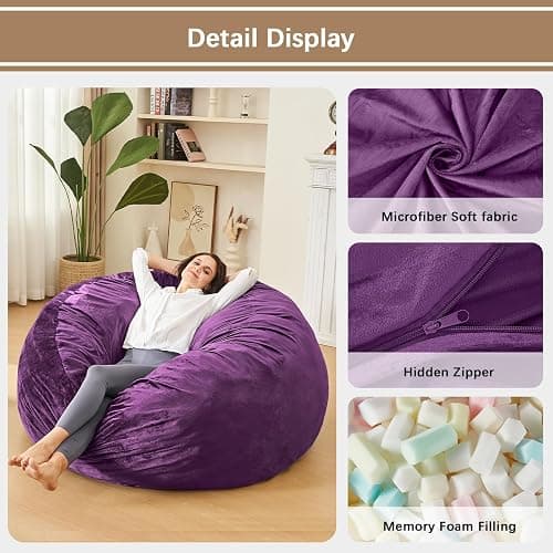 ILPEOD Bean Bag Chairs for Adults - Memory Foam Furniture BeanBag Chair - Kids/Teens Sofa with Soft Micro Fiber Cover - Round Fluffy Couch for Living Room Bedroom College Dorm - 4 ft, Purple thumbnail 4