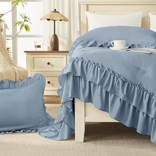 Andency Grayish Blue Comforter Set King Size, 3 Pieces Fluffy Shabby Chic Ruffle Comforter Set for Men, Women, Adults, Soft Lightweight All Season Polyester Bed Sets(104x90Inch) thumbnail 6