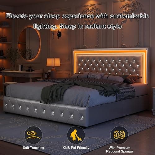 GEGOFORU Queen Led Bed Frame with 4 Storage Drawers, Bed Frame with Led Lights No Box Spring Needed, 900 lbs Capacity, Easy Assembly, PU White thumbnail 7