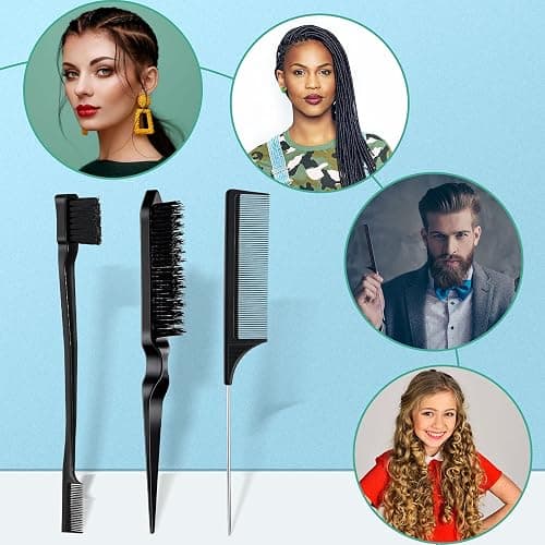 Geiserailie 3 Pcs Slick Back Hair Brush Set Bristle Brush Edge Control Teasing Comb for Women Black Hair(Black) thumbnail 7