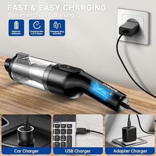 dormzie Handheld Vacuum Cordless, 16000Pa Powerful Suction, Lightweight at 1.3 lbs, Type-C Charge, Multiple Accessories, Rechargeable Car Vacuum Cleaners for Home Office Pet thumbnail 6