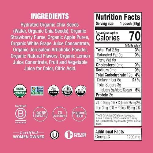 Mamma Chia Organic Prebiotic Squeeze Snack, Strawberry Lemonade, 16- 3.5 Ounce , Fiber-Rich Prebiotic Gut Support, USDA Organic, Non-GMO, Vegan, Gluten Free (Pack of 16) thumbnail 3