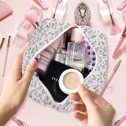 dark swan Cotton Quilted Makeup Bag, Cute Pouch Toiletry Bag Cosmetic Bag Quilted Floral Organizer Bag Travel Coquette Aesthetic Portable Storage Zipper Purse for Women (Purple) thumbnail 6