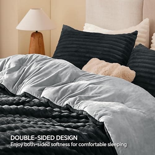 BEDELITE Fleece King Comforter Set -Super Soft & Warm Fluffy Black Bedding, Luxury Fuzzy Heavy Bed Set for Winter with 2 Pillow Cases - Black - King thumbnail 5