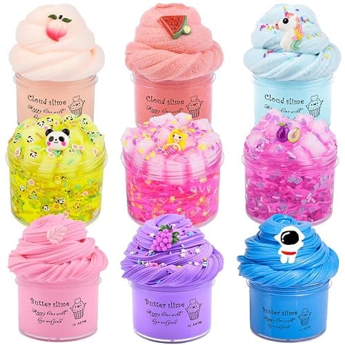 9 Pack Cloud Slime Kit, with 3 Jelly Cube Crunchy Slime 3 Cloud Slime 3 Butter Slime, Soft Non-Sticky, with Panda, Peach Charms, Stress Relief Toy for Girls Boys, Birthday Gift, Kids Party Toys - Image 1