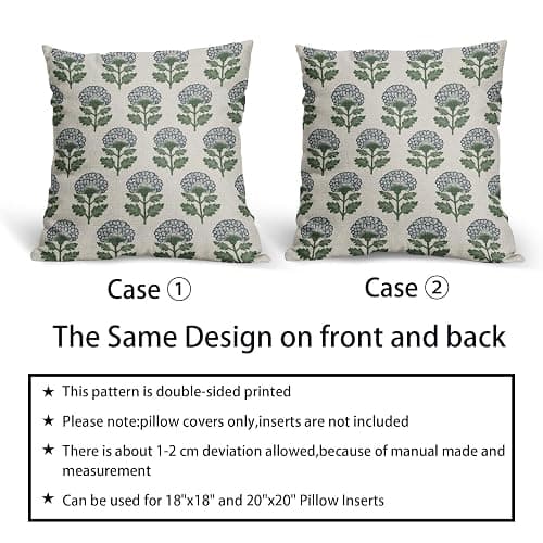 Aytipun Blue Green Floral Block Print Pillow Covers 18x18 Set of 2 Flower Pattern Cream Spring Summer Decorative Throw Pillowcases Outdoor Rustic Farmhouse Cushion Cases Decor for Home Couch Sofa Bed thumbnail 6
