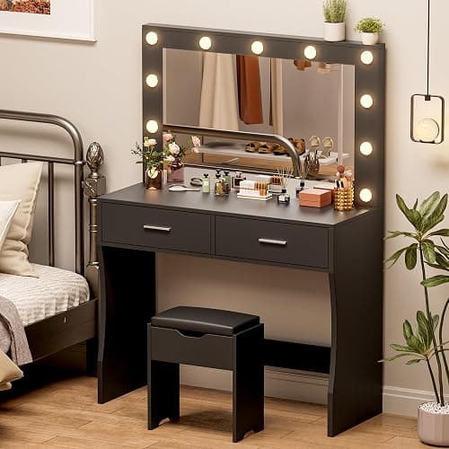 YESHOMY Vanity Desk with Mirror, Power Outlet and 11 Lights, Makeup Table with 2 Drawers, 3 Color Modes Available for Bedroom, Black - Image 1