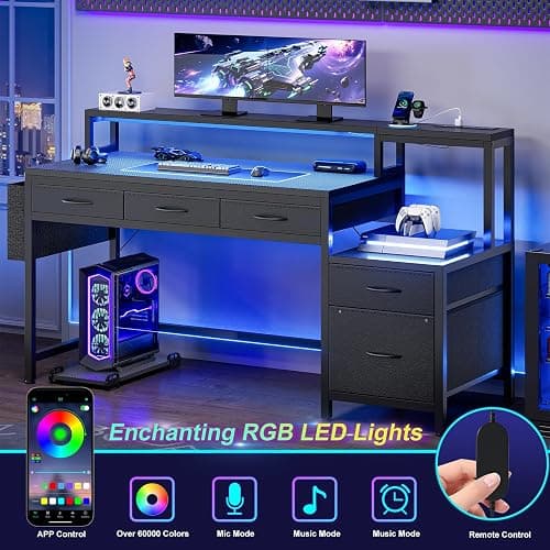 REAHOME 61 Inch Gaming Desk with Charging Station and LED Lights, Reversible Computer Desk with Storage Drawer and Monitor Stand, Modern Desk Table with File Cabinet & Side Pocket, Carbon Fiber Black thumbnail 5