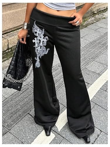 Milumia Women's Gothic Grunge Graphic Foldover Pants Y2k Low Waist Trousers Sweapants thumbnail 2