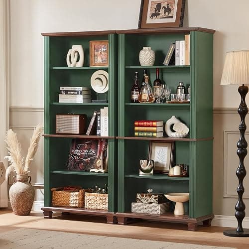 SAVOR LIFE 70" Tall Green Bookshelf,5 Tier Wooden Book Shelf with Adjustable Shelves & Wood Legs,Free Standing Farmhouse Bookcase with Open Display Storage,Vintage Bookshelves for Library,Classroom thumbnail 2