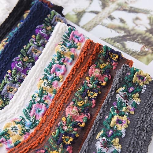 jecvxor 5 Pairs Women's Floral Design Vintage Crew Socks Ethnic Jacquard Knit Set, Red, Grey, Blue, White, Black thumbnail 2
