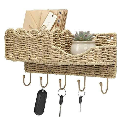 YINGXUN Hook-Woven Wicker Key Holder and Mail Organizer | Natural Paper Rattan Scalloped Wave Design Decorative Wall Mount for Entryway, Living Room, Hallway - Image 1