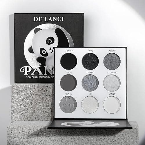 ecofavor Black Smoky Eye shadow Palette, DE’LANCI PANDA 9 Colors True Black Dark Grey Smokey Goth Makeup Pallet, 9 Soft Matte Shimmer High Pigmented Basic Black White Gray Shade for Halloween thumbnail 7