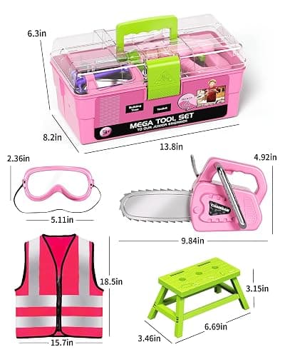 Deejoy Tool Set with Tool Box & Electronic Toy Drill, Pretend Play Kids Construction Kits for Kids Ages 3-5 Years Old, Toddler Tool Set(Pink) thumbnail 3