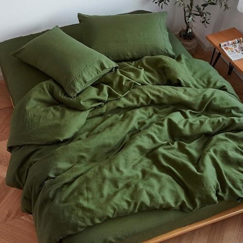 Sijo Stone Washed Organic French Linen Bed Sheet Set, GOTS Certified Organic, Best Cooling Linen Sheet Award by Sleep Foundation, 4 Piece - 2 Pillowcases, 1 Fitted and 1 Flat (Forest, Cal King) - Image 1