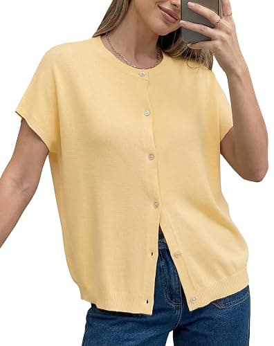 Arach&Cloz Women's Wool Blend Oversized Lightweight Cardigan Short Sleeve Summer Casual Sweaters Tops - Image 1